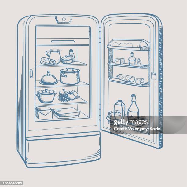 skizze illustration von retro-kühlschrank mit lebensmitteln - kühlschrank stock-grafiken, -clipart, -cartoons und -symbole