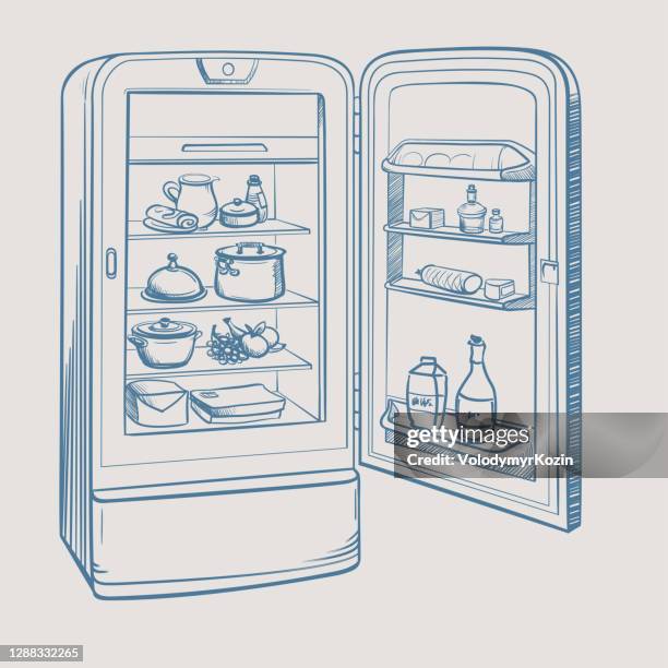 ilustrações de stock, clip art, desenhos animados e ícones de sketch illustration of retro refrigerator with groceries - fruit machine