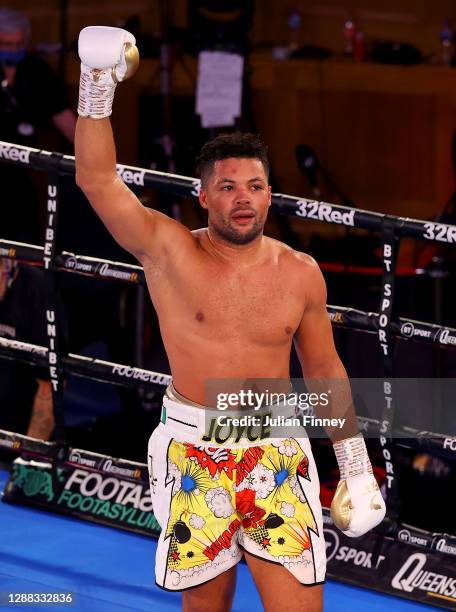 Joe Joyce celebrates victory over Daniel Dubois after the WBC Silver heavyweight title, British, Commonwealth and European Heavyweight title fight...