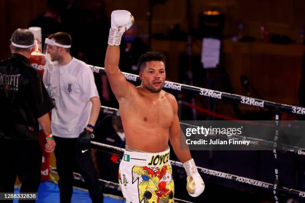 Joe Joyce celebrates victory over Daniel Dubois after the WBC Silver heavyweight title, British, Commonwealth and European Heavyweight title fight...