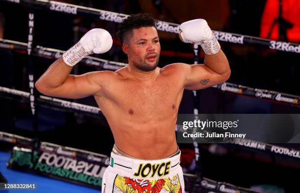 Joe Joyce celebrates victory over Daniel Dubois after the WBC Silver heavyweight title, British, Commonwealth and European Heavyweight title fight...