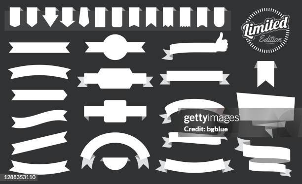 set of white ribbons, banners, badges, labels - design elements on black background - banner sign vector stock illustrations