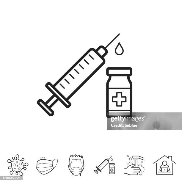 ilustraciones, imágenes clip art, dibujos animados e iconos de stock de vacunación - jeringa y vial de vacuna. icono de línea - trazo editable - vial