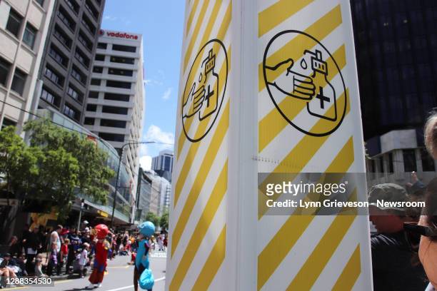 Hand sanitiser station is set up on Lambton Quay during the Very Welly Christmas street party on November 29, 2020 in Wellington, New Zealand. New...