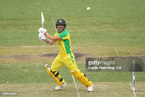 David Warner of Australia bats during game two of the One Day International series between Australia and India at Sydney Cricket Ground on November...
