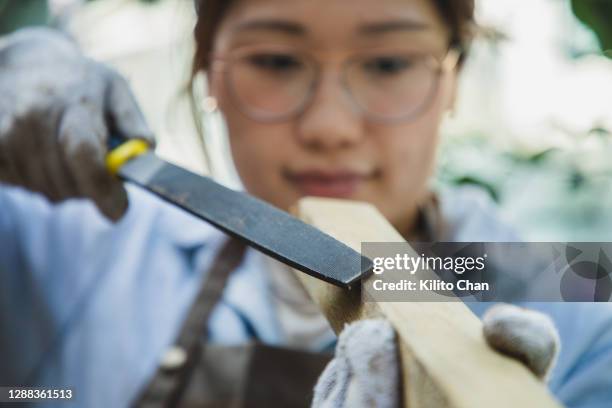 asian woman shaping wood with rasp - file cabinet stock-fotos und bilder