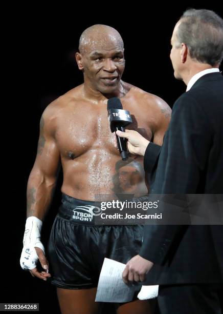 Mike Tyson reacts after receiving a split draw against Roy Jones Jr. During Mike Tyson vs Roy Jones Jr. Presented by Triller at Staples Center on...