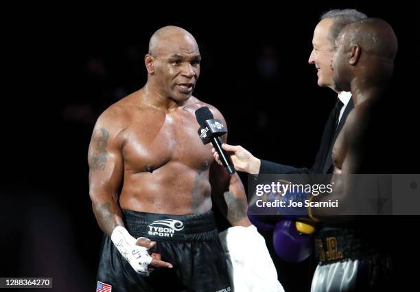 Mike Tyson reacts after receiving a split draw against Roy Jones Jr. During Mike Tyson vs Roy Jones Jr. Presented by Triller at Staples Center on...