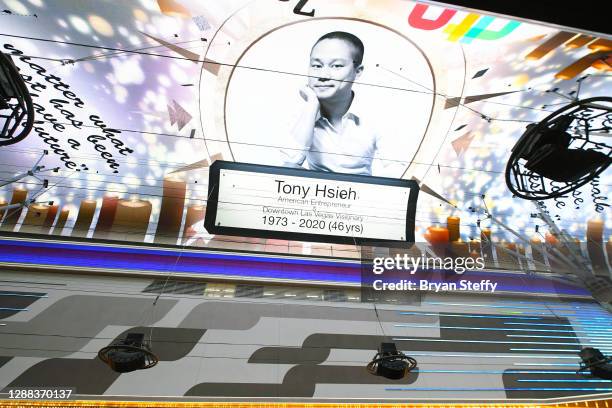 Tribute to tech entrepreneur Tony Hsieh is displayed on the Fremont Street Experience attraction's Viva Vision screen on November 28, 2020 in Las...