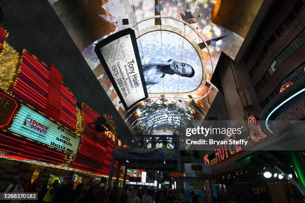 Tribute to tech entrepreneur Tony Hsieh is displayed on the Fremont Street Experience attraction's Viva Vision screen on November 28, 2020 in Las...