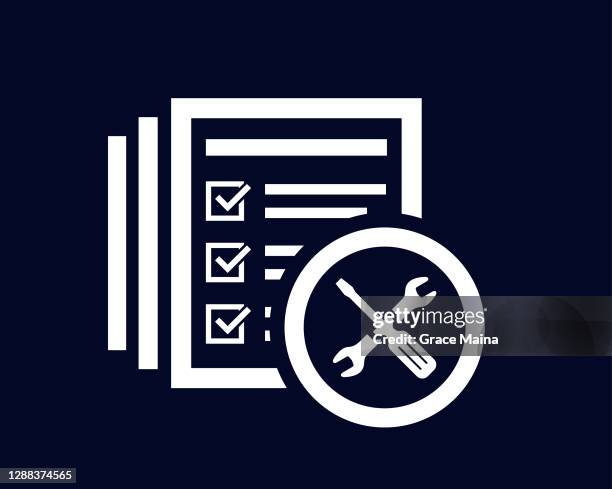 screwdriver and spanner tools icon with document list with tick check marks - project update stock illustrations