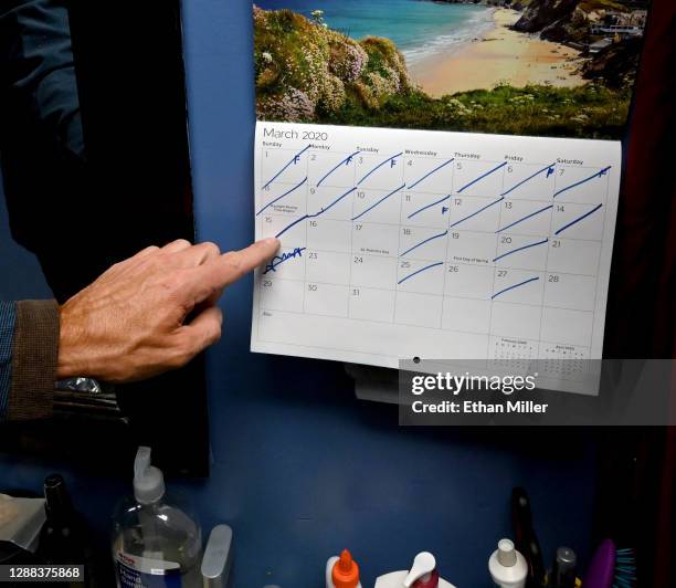 Magician/comedian Murray SawChuck points at a calendar in his dressing room showing March 2020, when he stopped marking show dates of his "Murray the...