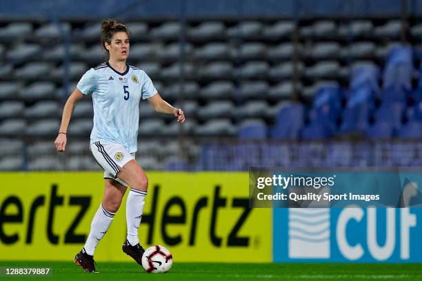 Jen Beattie of Scotland in action during the UEFA Women's EURO 2022 qualifier match between Portugal Women and Scotland Women at Estadio do Restelo...