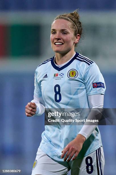 Kim Little of Scotland reacts during the UEFA Women's EURO 2022 qualifier match between Portugal Women and Scotland Women at Estadio do Restelo on...