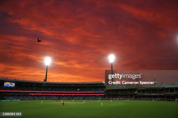 General view of sunset in the second innings during game two of the One Day International series between Australia and India at Sydney Cricket Ground...