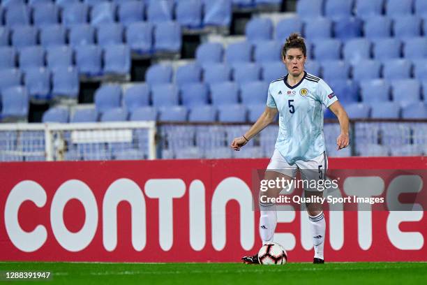 Jen Beattie of Scotland in action during the UEFA Women's EURO 2022 qualifier match between Portugal Women and Scotland Women at Estadio do Restelo...