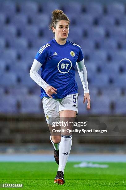 Jen Beattie of Scotland warms up prior to the UEFA Women's EURO 2022 qualifier match between Portugal Women and Scotland Women at Estadio do Restelo...