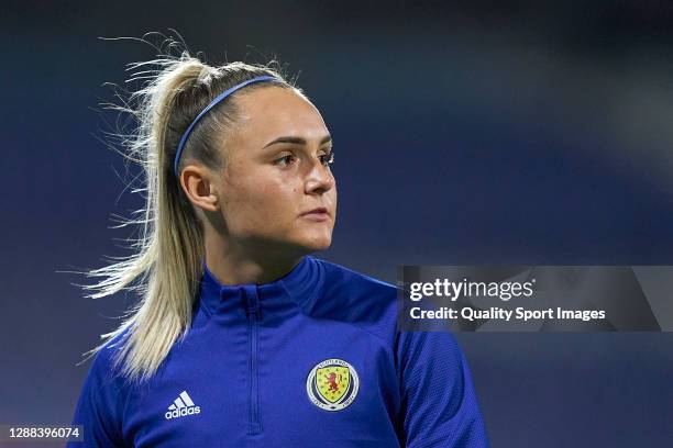 Sam Kerr of Scotland warms up prior to the UEFA Women's EURO 2022 qualifier match between Portugal Women and Scotland Women at Estadio do Restelo on...