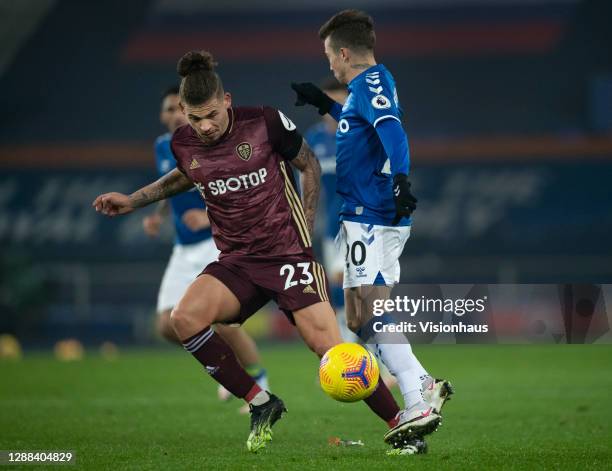 Kalvin Phillips of Leeds United and Bernard of Everton in action during the Premier League match between Everton and Leeds United at Goodison Park on...