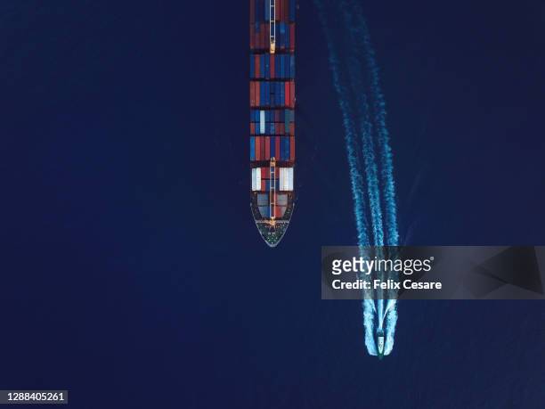 aerial view of an industrial ship on the move. - westernization stock pictures, royalty-free photos & images