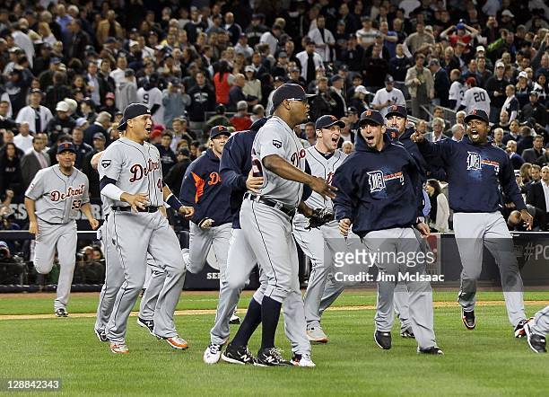 The Detroit Tigers celebrate after defeating the New York Yankees during Game Five of the American League Division Series at Yankee Stadium on...
