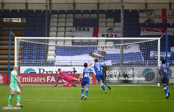 Luke Leahy of Bristol Rovers scores their sides third goal from the penalty spot past Jonathan Saltmer of Darlington during the Emirates FA Cup...