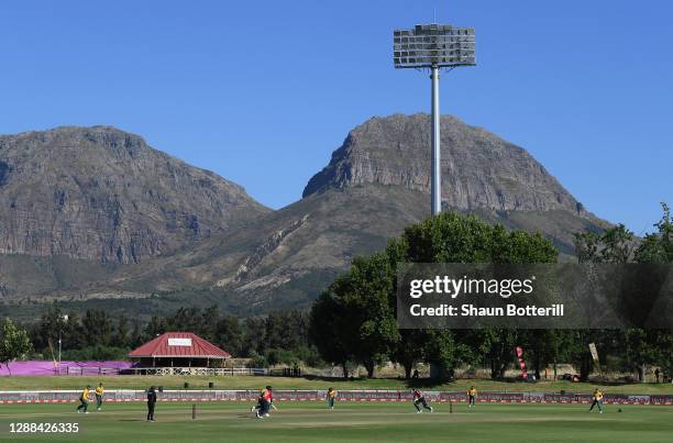 General view of play as Jason Roy of England and Jos Buttler of England run a single during the 2nd T20 International match between South Africa and...