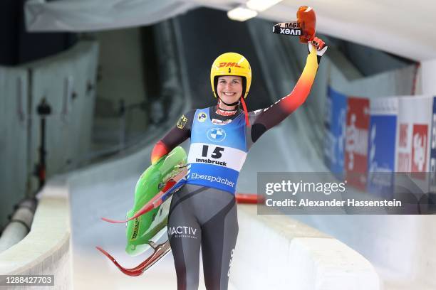 Julia Taubitz of Germany celebrates victory after the Sprint event during the FIL Luge World Cup at Olympia-Rodelbahn on November 29, 2020 in...