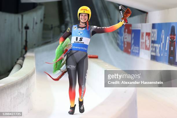 Julia Taubitz of Germany celebrates victory after the Sprint event during the FIL Luge World Cup at Olympia-Rodelbahn on November 29, 2020 in...