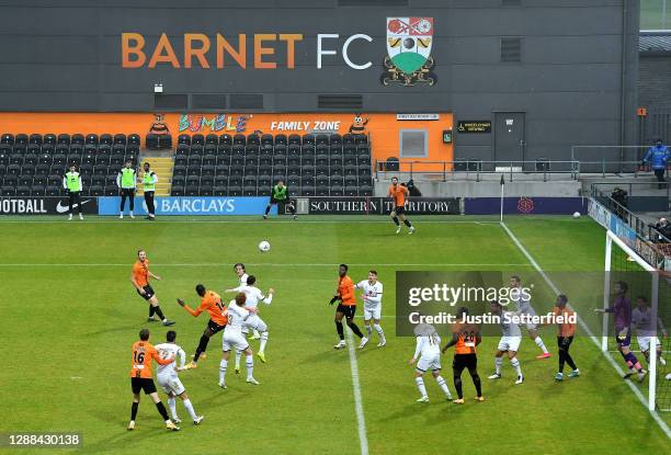 General view of play during the Emirates FA Cup Second Round match between Barnet FC and Milton Keynes Dons at The Hive London on November 29, 2020...