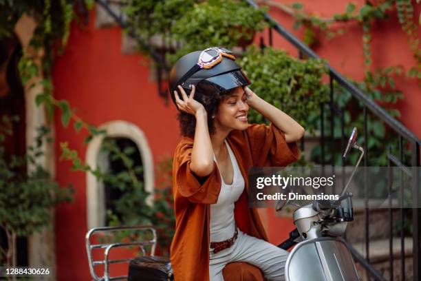 she's a beautiful biker - vintage motorcycle helmet stock pictures, royalty-free photos & images