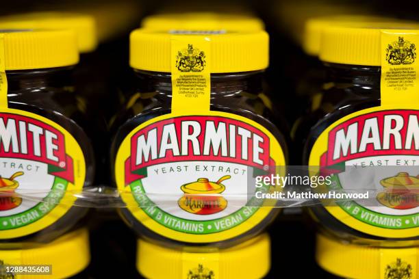 Jars of Marmite on sale on a supermarket shelf on November 19, 2020 in Cardiff, Wales.