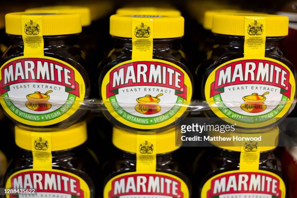 Jars of Marmite on sale on a supermarket shelf on November 19, 2020 in Cardiff, Wales.