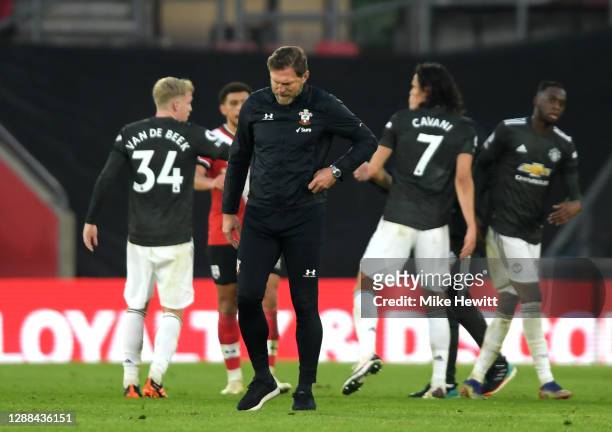 Ralph Hasenhuttl, Manager of Southampton looks dejected following their sides defeat in the Premier League match between Southampton and Manchester...