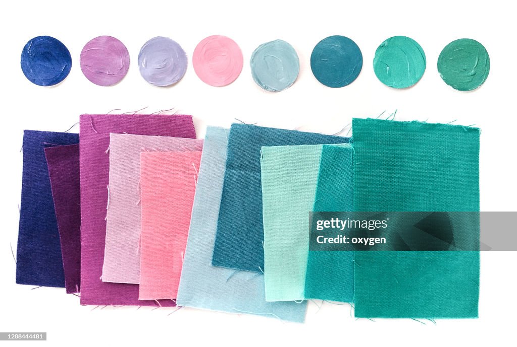 Fabric Textile Color Swatch Palette Guide. Purple Blue Green on White Background