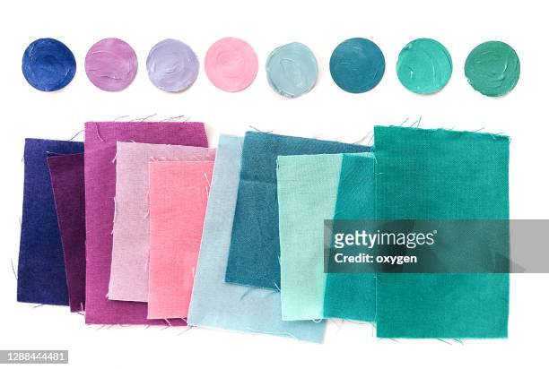fabric textile color swatch palette guide. purple blue green on white background - fabric swatches stock pictures, royalty-free photos & images