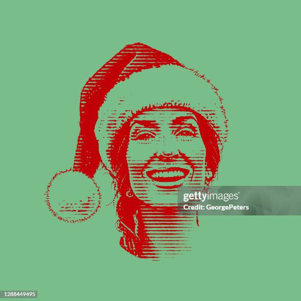 smiling woman wearing santa hat - mrs claus stock illustrations