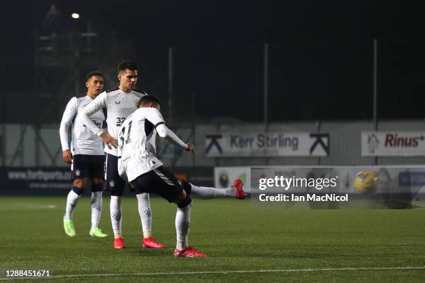 Borna Barisic of Rangers scores their sides third goal during the Betfred Cup match between Falkirk and Rangers FC at Falkirk Community Stadium on...