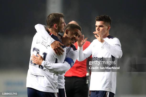Borna Barisic of Rangers celebrates with James Tavernier after scoring their team's third goal during the Betfred Cup match between Falkirk and...