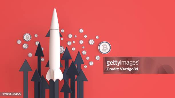 business trends grafieken en grafieken. bitcoin groei naar de maan - 3d rocket stockfoto's en -beelden