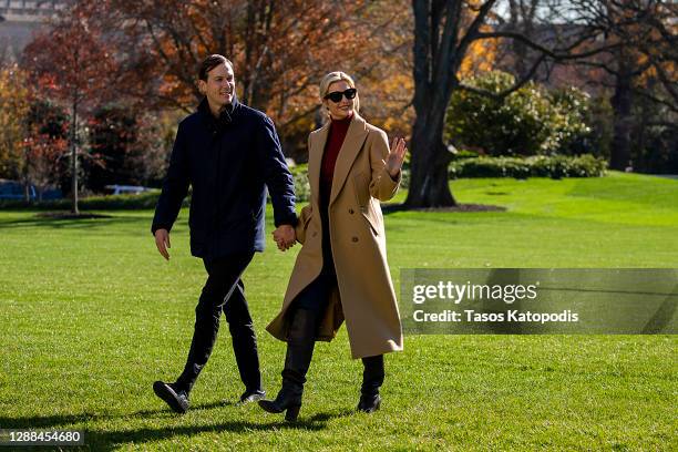 Senior Advisors to the President Jared Kushner and Ivanka Trump walk on the south lawn of the White House on November 29, 2020 in Washington, DC....