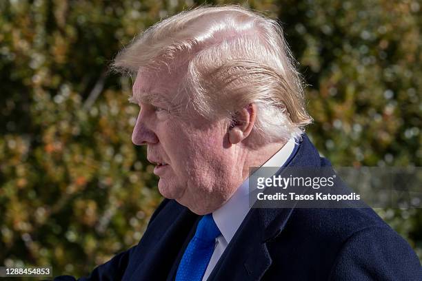 President Donald Trump, followed by his grandchildren walk on the south lawn of the White House on November 29, 2020 in Washington, DC. President...