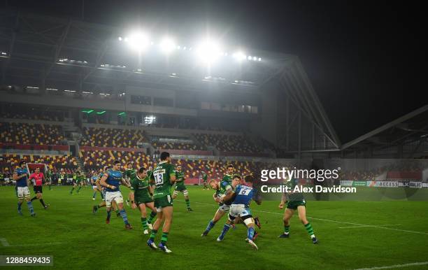 General view as Tom Homer of London Irish goes into contact during the Gallagher Premiership Rugby match between London Irish and Leicester Tigers at...