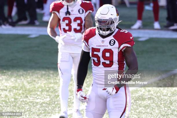 De'Vondre Campbell of the Arizona Cardinals celebrates after sacking Cam Newton of the New England Patriots during the first quarter of the game at...