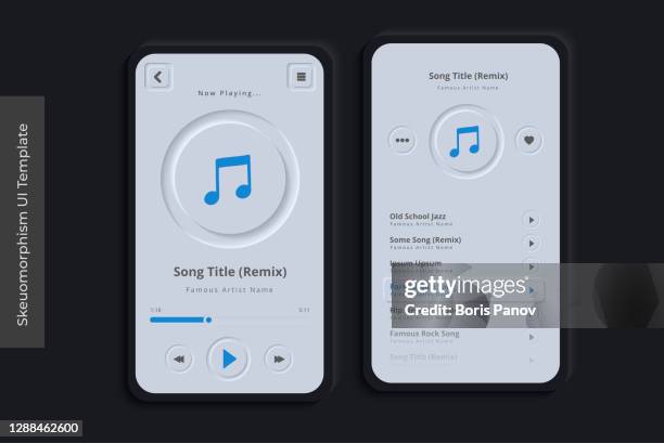 clean skeuomorphism ui or neumorphism mobile music app with 3d indent button icons on modern bezel background user interface template - ux ui design stock illustrations