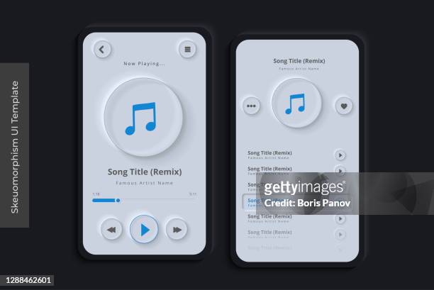 clean skeuomorphism ui or neumorphism mobile music streaming app with 3d indent button icons on modern bezel background user interface template - touchscreen stock illustrations