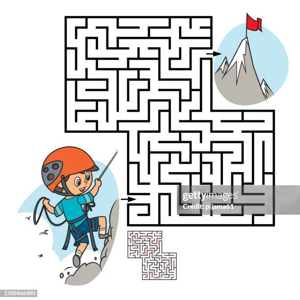 ilustrações de stock, clip art, desenhos animados e ícones de maze, boy climbing on a rock mountain with equipment - maze