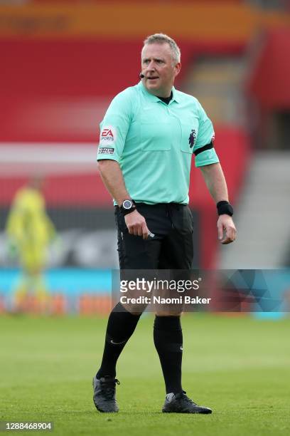 Referee Jonathan Moss looks on during the Premier League match between Southampton and Manchester United at St Mary's Stadium on November 29, 2020 in...