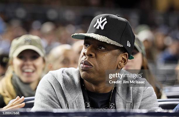 Musician Jay-Z attends Game Five of the American League Division Series between the New York Yankees and the Detroit Tigers at Yankee Stadium on...