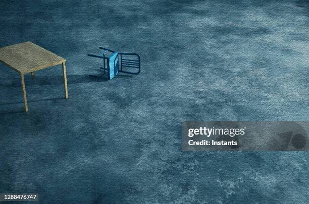 watercolor filtered 3d render, showing an almost empty space, to the exception of a table and a chair on the ground. - defeat covid stock pictures, royalty-free photos & images